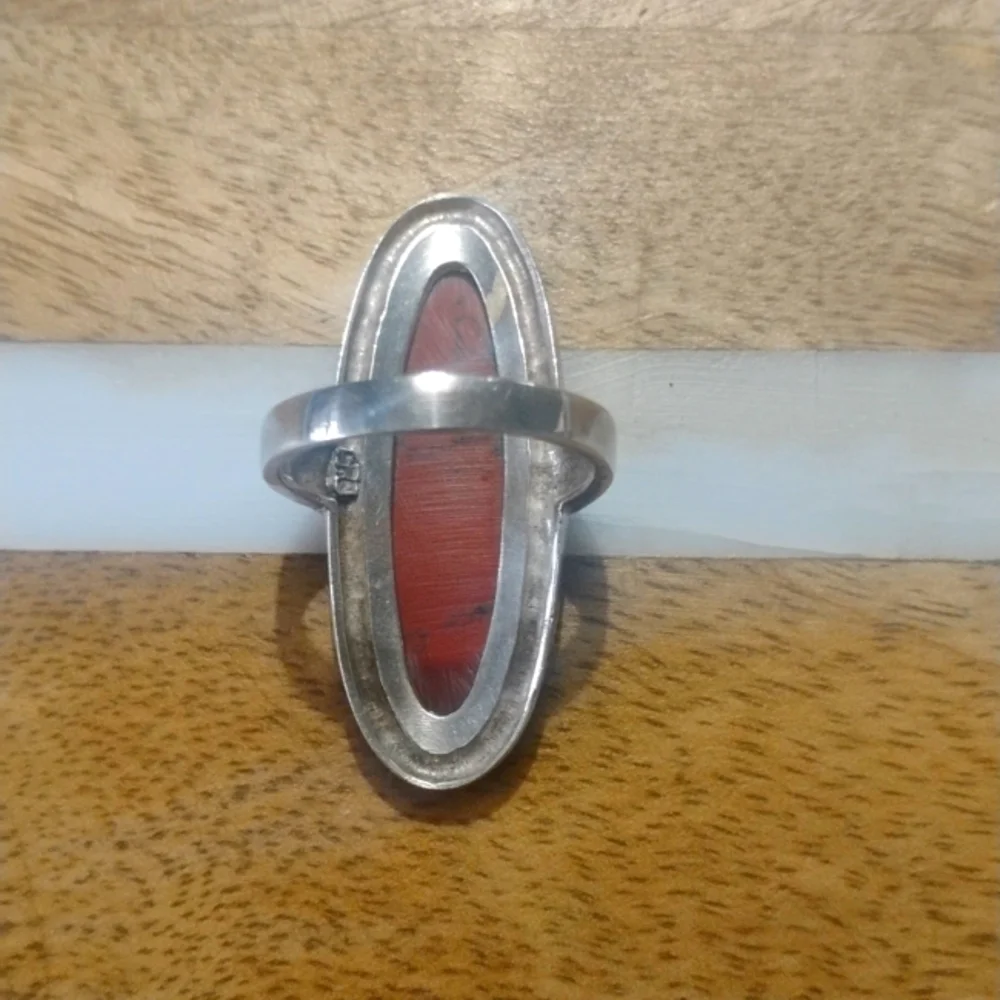 Red Jasper Marcasite Silver Ring, Size 9